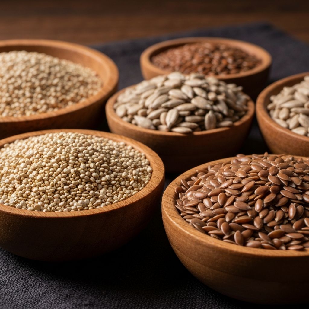 A cinematic arrangement of whole grains and seeds in wooden bowls