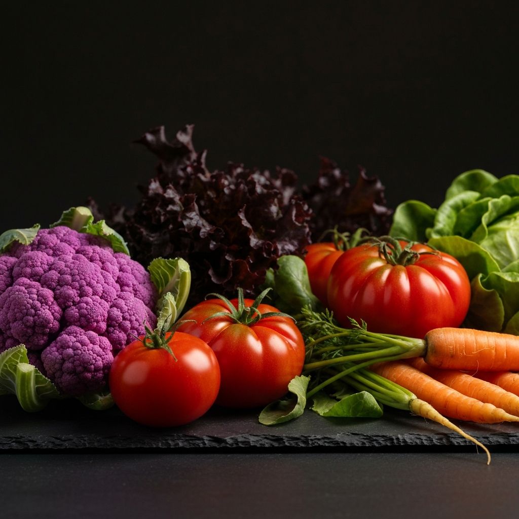 A cinematic arrangement of colorful fresh vegetables including purple cauliflower and heirloom tomatoes
