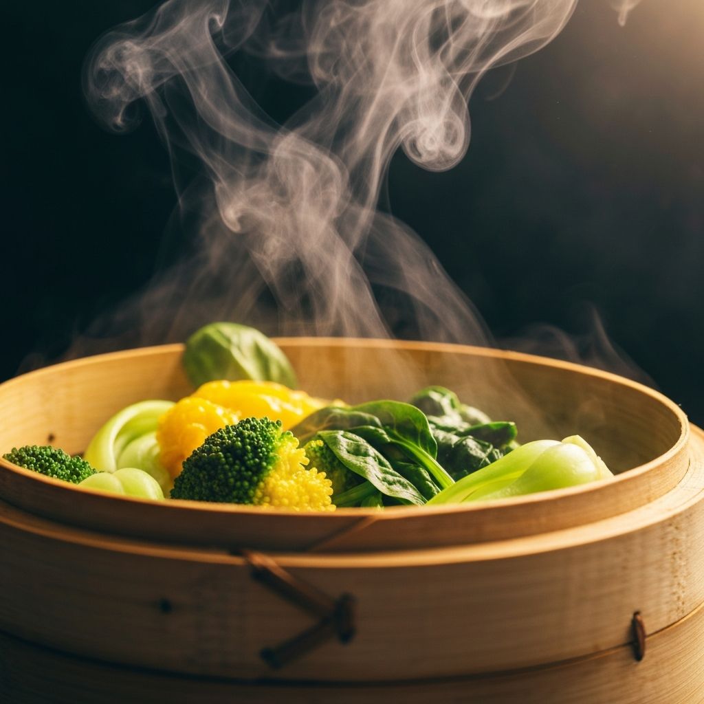Vegetables steaming in a bamboo steamer basket with visible steam wisps